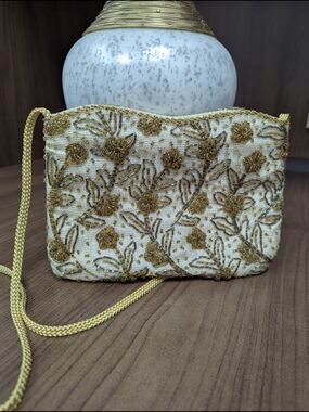 Gold Beaded Crossbody Bag with Floral Embroidery